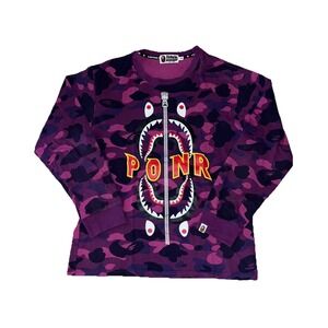 A Bathing Ape Men's Long Sleeve Cotton Shirt Purple Camo Shark PONR, Size XL NEW
